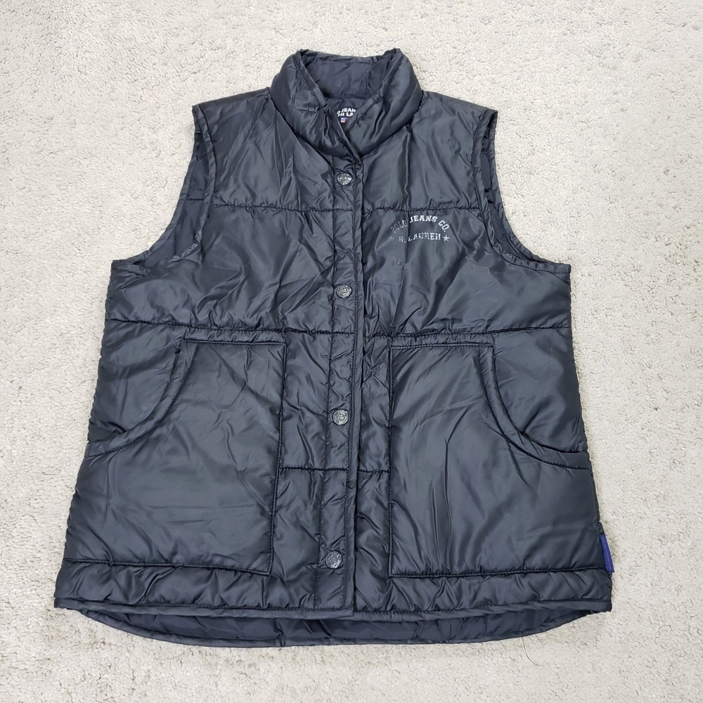 Polo Ralph Lauren Puffer Vest Black Snap Front Quilted Womens Small Y2K Winter